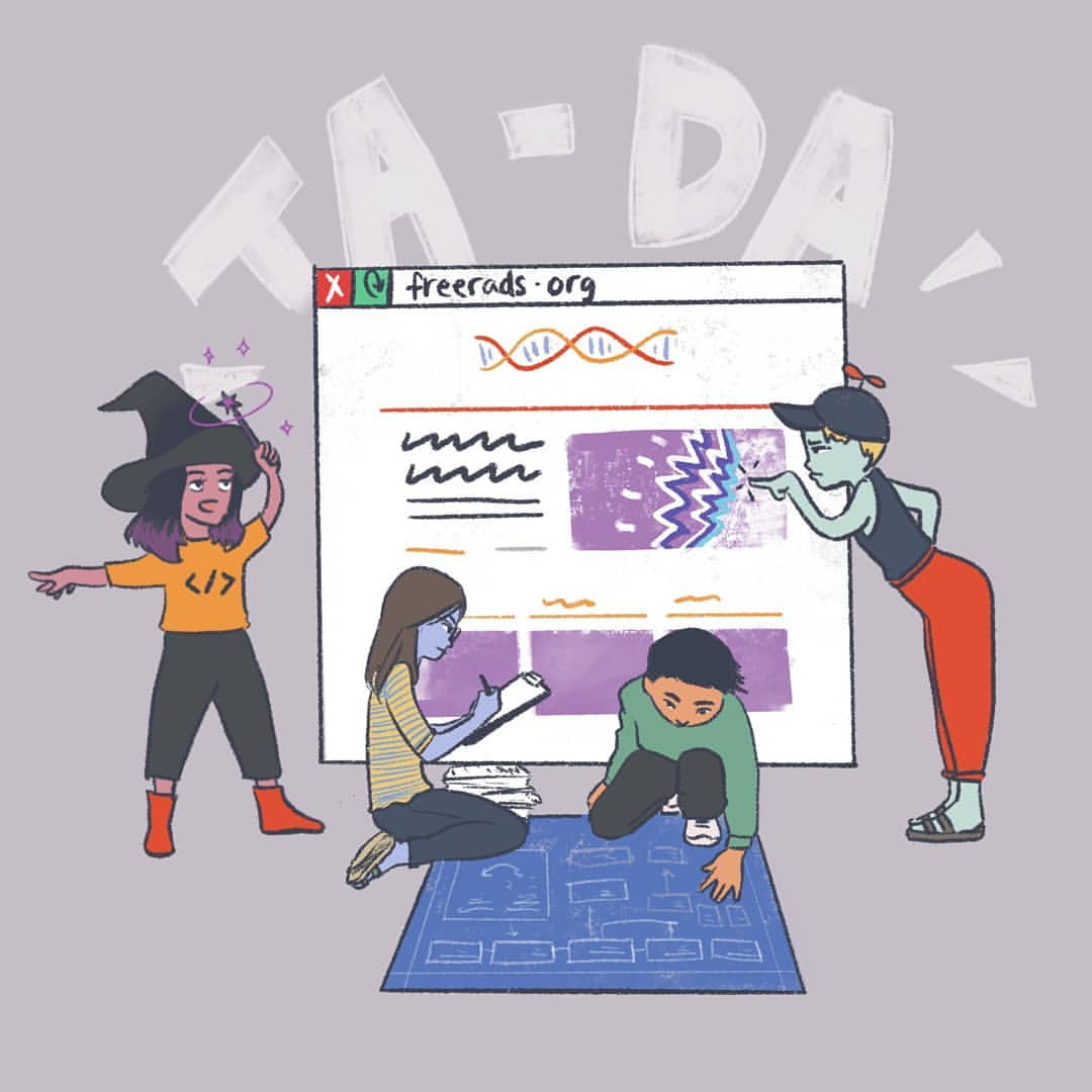 artwork of the free rads site revamp team at work. From left to right: Shubha the HEX girl working her magic, Alexis keeping us on task, Linus going back to the drawing board and Chrystal (quite literally) pushing code.